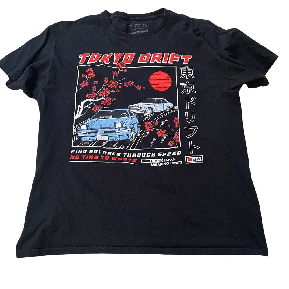Red Eight Tokyo Drift Graphic T-Shirt Mens Large Black JDM Car Cherry Blossom